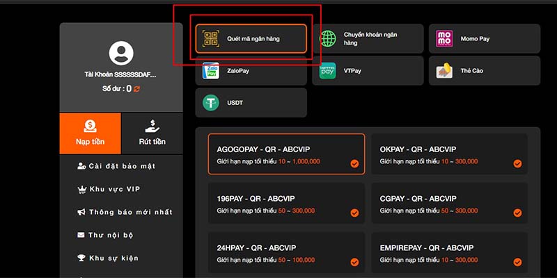 Chỉ dẫn các bước nạp tiền bằng mã QR tại nhà cái U888